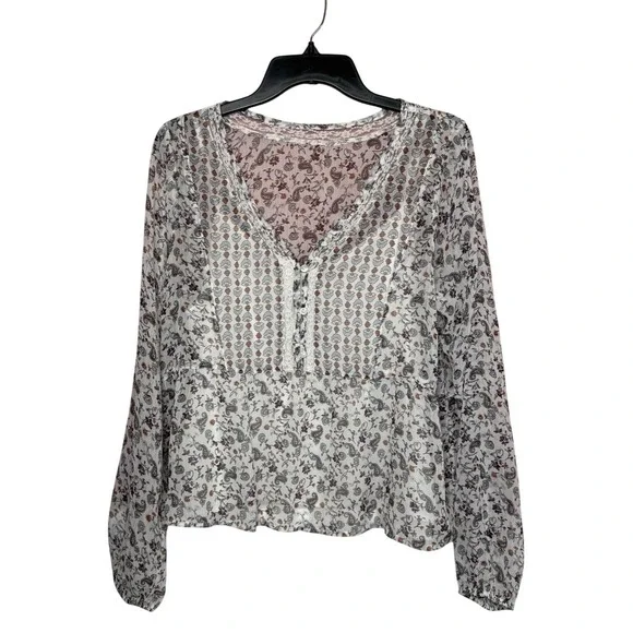 Hollister Boho Peasant Blouse Top Sheer Floral Long Sleeve Top Size Large Lace‎ - Picture 7 of 8